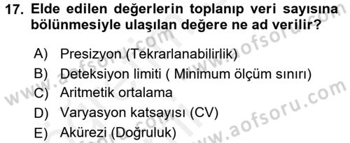 Veteriner Laboratuvar Teknikleri ve Prensipleri Dersi 2015 - 2016 Yılı Tek Ders Sınav Soruları 17. Soru