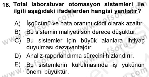 Veteriner Laboratuvar Teknikleri ve Prensipleri Dersi 2018 - 2019 Yılı (Vize) Ara Sınav Soruları 16. Soru