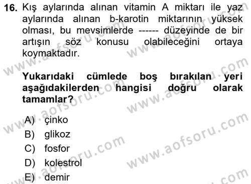 Veteriner Laboratuvar Teknikleri ve Prensipleri Dersi 2021 - 2022 Yılı (Final) Dönem Sonu Sınav Soruları 16. Soru