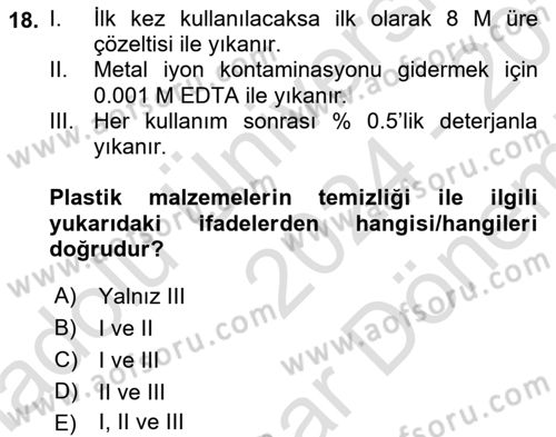 Veteriner Laboratuvar Teknikleri ve Prensipleri Dersi 2024 - 2025 Yılı (Final) Dönem Sonu Sınav Soruları 18. Soru