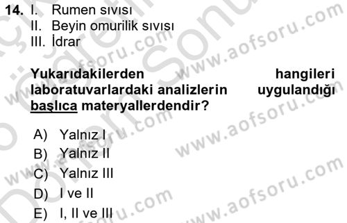 Veteriner Laboratuvar Teknikleri ve Prensipleri Dersi 2025 - 2026 Yılı (Final) Dönem Sonu Sınav Soruları 14. Soru
