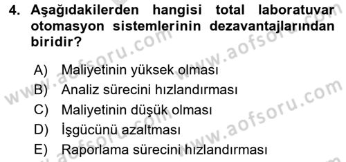 Veteriner Laboratuvar Teknikleri ve Prensipleri Dersi 2025 - 2026 Yılı (Final) Dönem Sonu Sınav Soruları 4. Soru