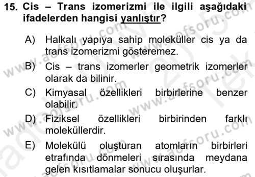 Hücre Kimyası Dersi 2015 - 2016 Yılı Tek Ders Sınav Soruları 15. Soru