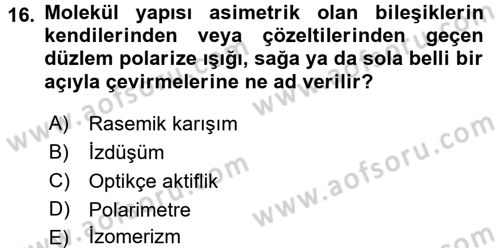 Hücre Kimyası Dersi 2015 - 2016 Yılı Tek Ders Sınav Soruları 16. Soru