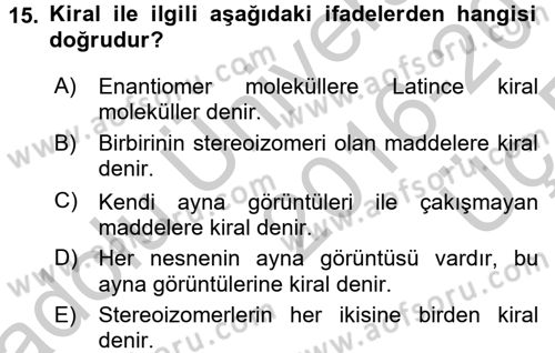 Hücre Kimyası Dersi 2016 - 2017 Yılı 3 Ders Sınav Soruları 15. Soru