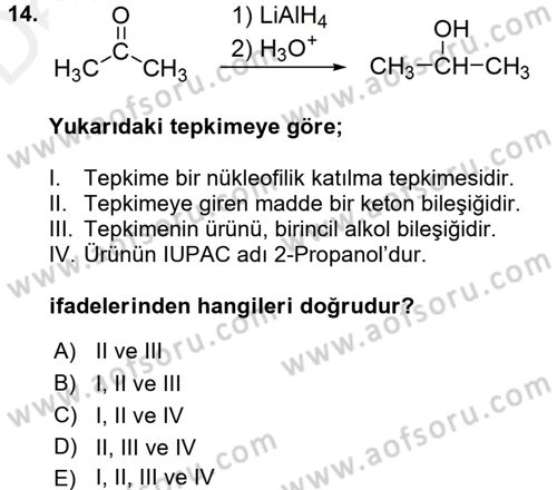 Hücre Kimyası Dersi 2017 - 2018 Yılı 3 Ders Sınav Soruları 14. Soru
