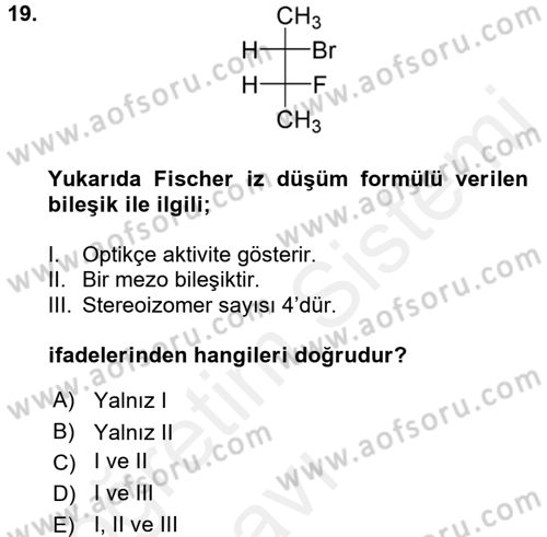 Hücre Kimyası Dersi 2017 - 2018 Yılı 3 Ders Sınav Soruları 19. Soru
