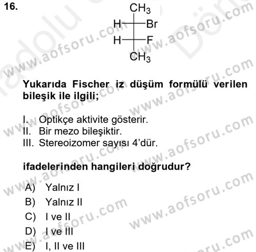 Hücre Kimyası Dersi 2017 - 2018 Yılı (Final) Dönem Sonu Sınav Soruları 16. Soru
