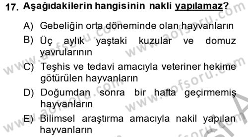 Hayvan Davranışları ve Refahı Dersi 2013 - 2014 Yılı (Final) Dönem Sonu Sınav Soruları 17. Soru