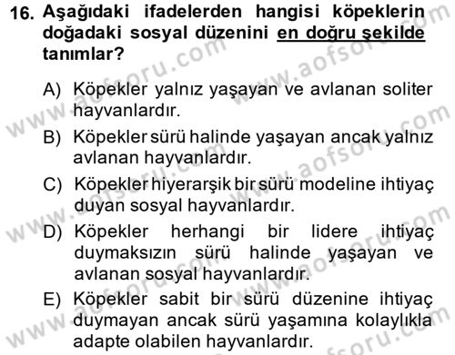 Hayvan Davranışları ve Refahı Dersi 2014 - 2015 Yılı (Vize) Ara Sınav Soruları 16. Soru