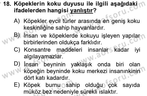 Hayvan Davranışları ve Refahı Dersi 2014 - 2015 Yılı (Vize) Ara Sınav Soruları 18. Soru