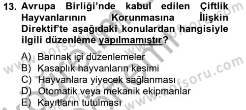 Hayvan Davranışları ve Refahı Dersi 2014 - 2015 Yılı (Final) Dönem Sonu Sınav Soruları 13. Soru
