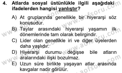 Hayvan Davranışları ve Refahı Dersi 2014 - 2015 Yılı (Final) Dönem Sonu Sınav Soruları 4. Soru