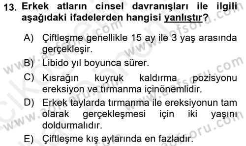 Hayvan Davranışları ve Refahı Dersi 2015 - 2016 Yılı (Vize) Ara Sınav Soruları 13. Soru