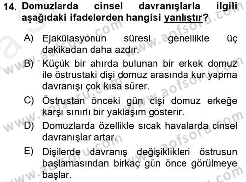 Hayvan Davranışları ve Refahı Dersi 2015 - 2016 Yılı (Vize) Ara Sınav Soruları 14. Soru