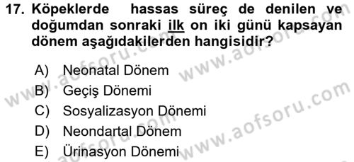 Hayvan Davranışları ve Refahı Dersi 2015 - 2016 Yılı (Vize) Ara Sınav Soruları 17. Soru