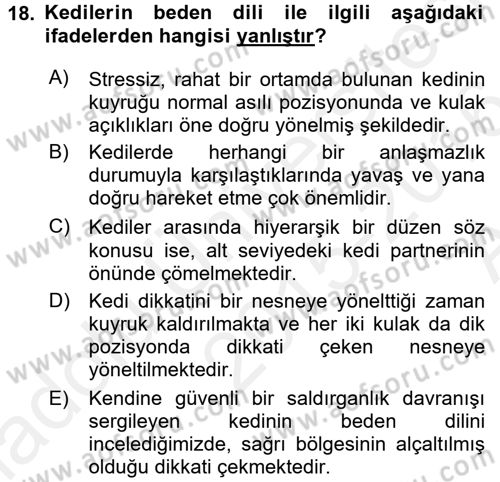 Hayvan Davranışları ve Refahı Dersi 2015 - 2016 Yılı (Vize) Ara Sınav Soruları 18. Soru