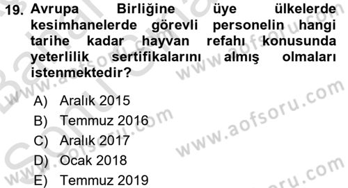 Hayvan Davranışları ve Refahı Dersi 2015 - 2016 Yılı (Final) Dönem Sonu Sınav Soruları 19. Soru