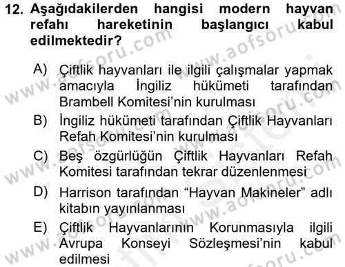 Hayvan Davranışları ve Refahı Dersi 2015 - 2016 Yılı Tek Ders Sınav Soruları 12. Soru