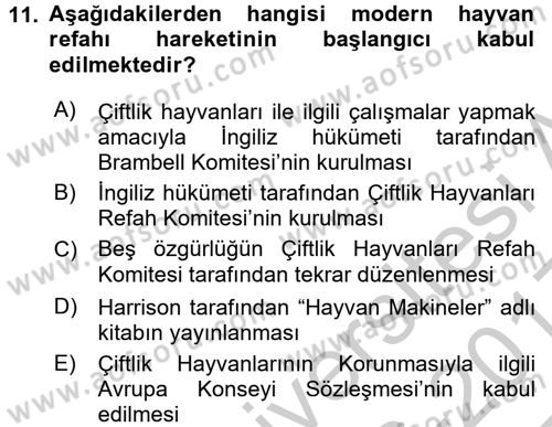 Hayvan Davranışları ve Refahı Dersi 2016 - 2017 Yılı 3 Ders Sınav Soruları 11. Soru