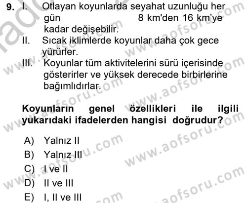Hayvan Davranışları ve Refahı Dersi 2016 - 2017 Yılı (Vize) Ara Sınav Soruları 9. Soru