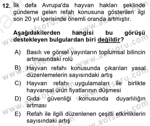 Hayvan Davranışları ve Refahı Dersi 2017 - 2018 Yılı 3 Ders Sınav Soruları 12. Soru