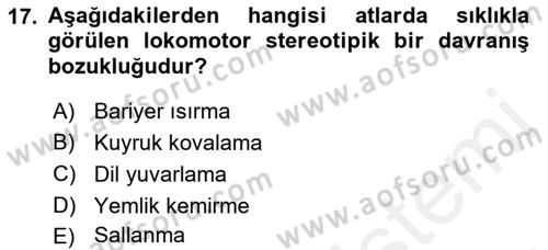 Hayvan Davranışları ve Refahı Dersi 2017 - 2018 Yılı (Vize) Ara Sınav Soruları 17. Soru
