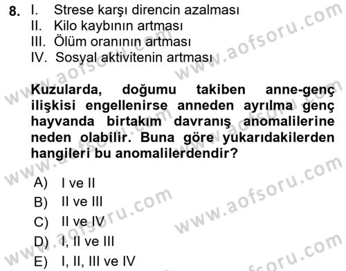 Hayvan Davranışları ve Refahı Dersi 2017 - 2018 Yılı (Vize) Ara Sınav Soruları 8. Soru