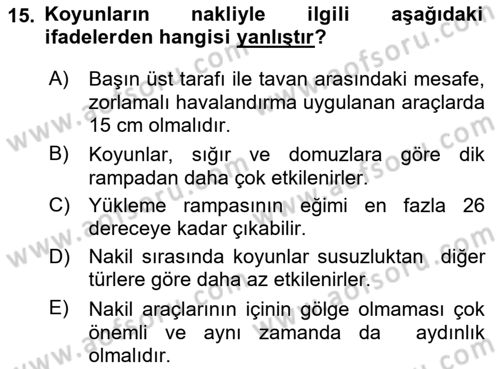 Hayvan Davranışları ve Refahı Dersi 2017 - 2018 Yılı (Final) Dönem Sonu Sınav Soruları 15. Soru