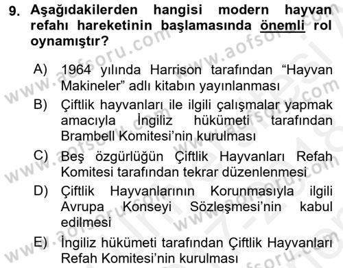Hayvan Davranışları ve Refahı Dersi 2017 - 2018 Yılı (Final) Dönem Sonu Sınav Soruları 9. Soru