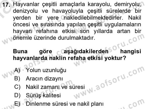 Hayvan Davranışları ve Refahı Dersi 2018 - 2019 Yılı 3 Ders Sınav Soruları 17. Soru
