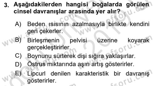 Hayvan Davranışları ve Refahı Dersi 2018 - 2019 Yılı 3 Ders Sınav Soruları 3. Soru