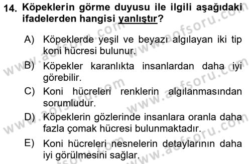 Hayvan Davranışları ve Refahı Dersi 2018 - 2019 Yılı (Vize) Ara Sınav Soruları 14. Soru
