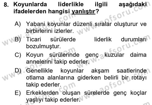 Hayvan Davranışları ve Refahı Dersi 2018 - 2019 Yılı (Vize) Ara Sınav Soruları 8. Soru