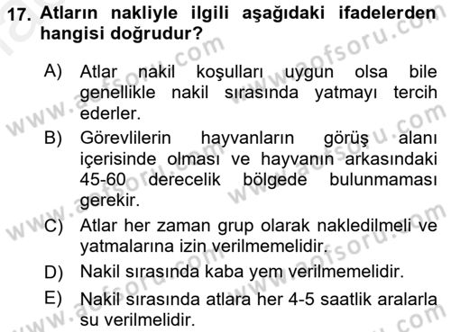 Hayvan Davranışları ve Refahı Dersi 2018 - 2019 Yılı (Final) Dönem Sonu Sınav Soruları 17. Soru