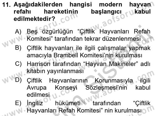 Hayvan Davranışları ve Refahı Dersi 2018 - 2019 Yılı Yaz Okulu Sınav Soruları 11. Soru