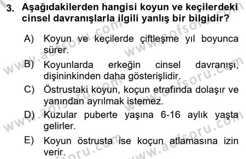 Hayvan Davranışları ve Refahı Dersi 2018 - 2019 Yılı Yaz Okulu Sınav Soruları 3. Soru