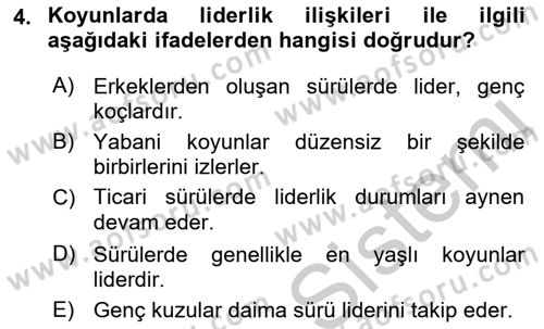 Hayvan Davranışları ve Refahı Dersi 2018 - 2019 Yılı Yaz Okulu Sınav Soruları 4. Soru
