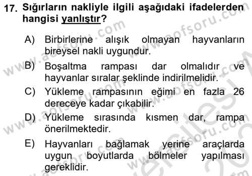 Hayvan Davranışları ve Refahı Dersi 2020 - 2021 Yılı Yaz Okulu Sınav Soruları 17. Soru