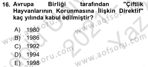 Hayvan Davranışları ve Refahı Dersi 2021 - 2022 Yılı Yaz Okulu Sınav Soruları 16. Soru