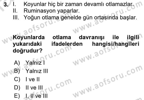 Hayvan Davranışları ve Refahı Dersi 2021 - 2022 Yılı Yaz Okulu Sınav Soruları 3. Soru
