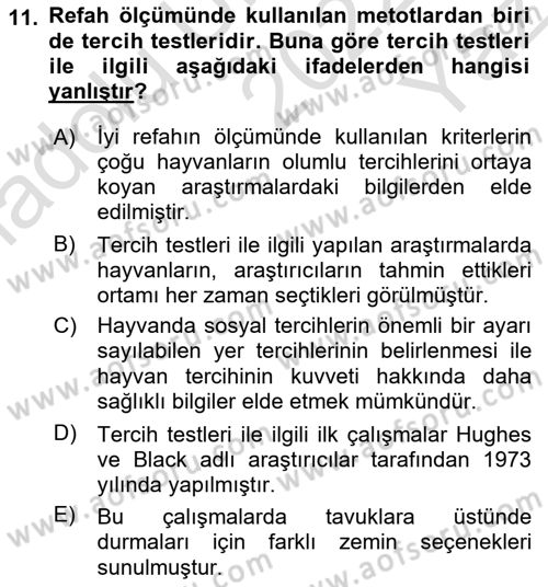 Hayvan Davranışları ve Refahı Dersi 2022 - 2023 Yılı Yaz Okulu Sınav Soruları 11. Soru