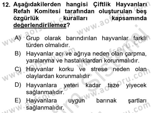Hayvan Davranışları ve Refahı Dersi 2022 - 2023 Yılı Yaz Okulu Sınav Soruları 12. Soru