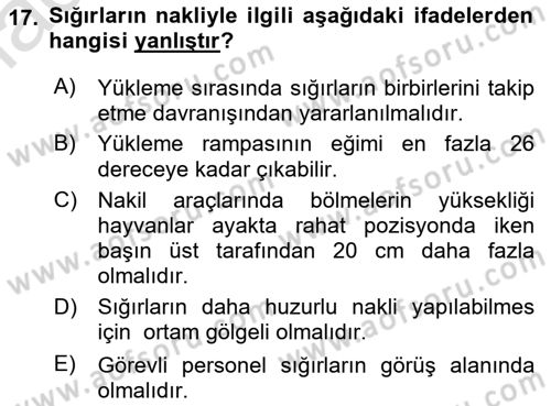 Hayvan Davranışları ve Refahı Dersi 2022 - 2023 Yılı Yaz Okulu Sınav Soruları 17. Soru