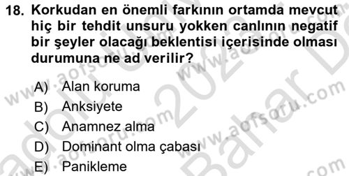 Hayvan Davranışları ve Refahı Dersi 2023 - 2024 Yılı (Vize) Ara Sınav Soruları 18. Soru