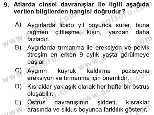 Hayvan Davranışları ve Refahı Dersi 2023 - 2024 Yılı (Vize) Ara Sınav Soruları 9. Soru