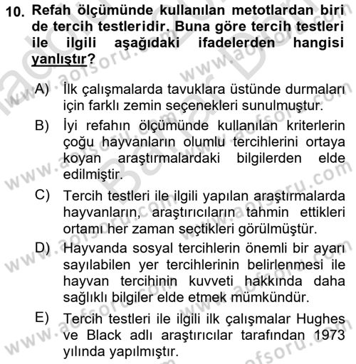 Hayvan Davranışları ve Refahı Dersi 2023 - 2024 Yılı (Final) Dönem Sonu Sınav Soruları 10. Soru