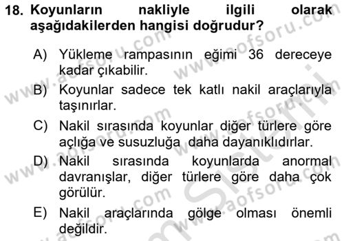 Hayvan Davranışları ve Refahı Dersi 2023 - 2024 Yılı (Final) Dönem Sonu Sınav Soruları 18. Soru