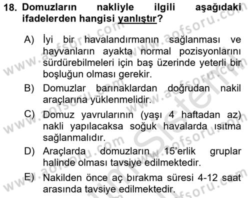 Hayvan Davranışları ve Refahı Dersi 2023 - 2024 Yılı Yaz Okulu Sınav Soruları 18. Soru