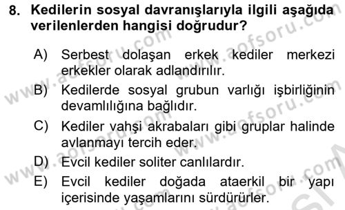 Hayvan Davranışları ve Refahı Dersi 2023 - 2024 Yılı Yaz Okulu Sınav Soruları 8. Soru